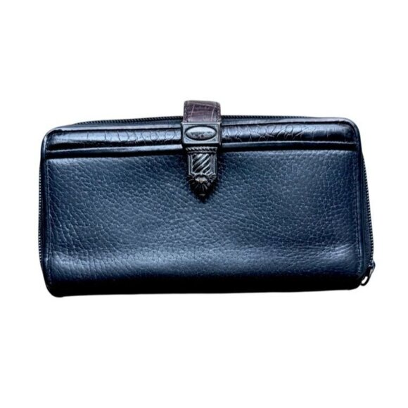 Brighton Black/Brown Pebble Leather Moc Croc Wallet With Decorative Silver-Tone - Picture 1 of 14